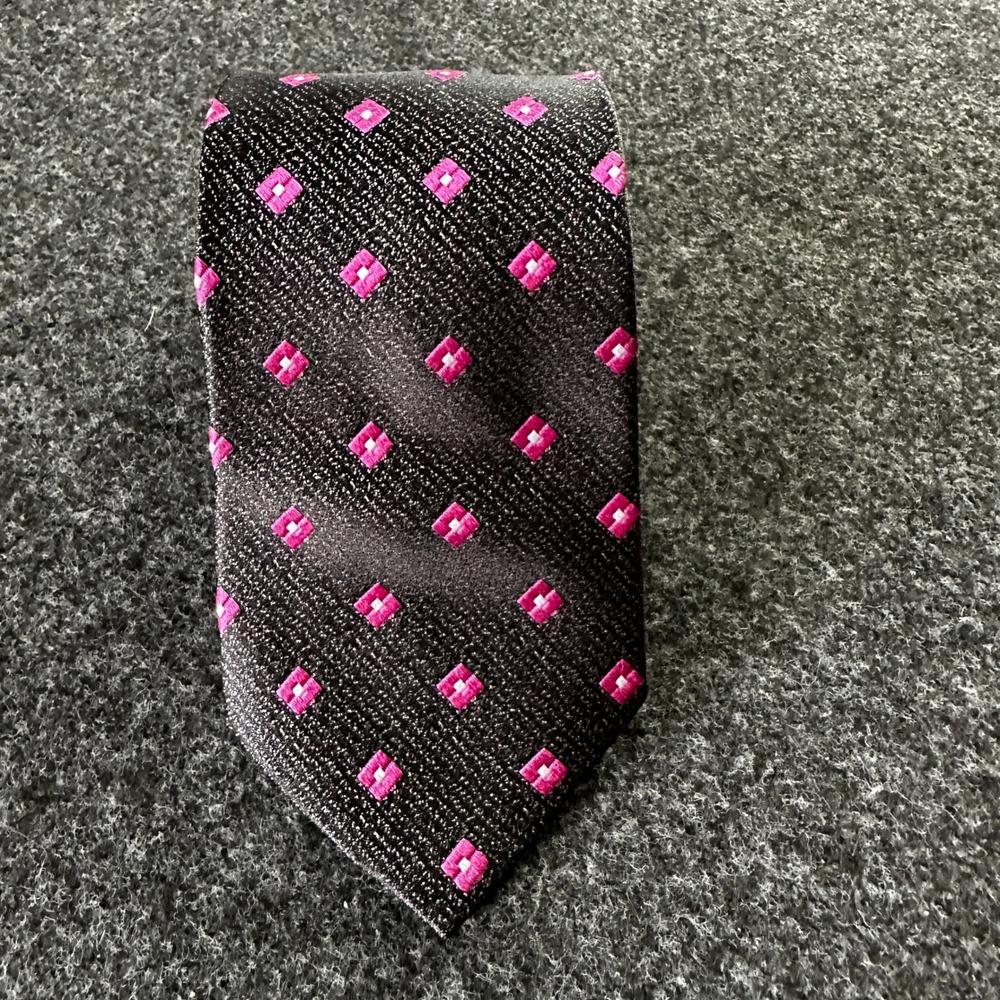 Egara Mens Silk Tie Black Magenta Geometric Diamond Pattern Narrow Necktie NWT